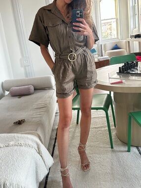 Frame Utility Short Sleeve Romper in Olive Brown